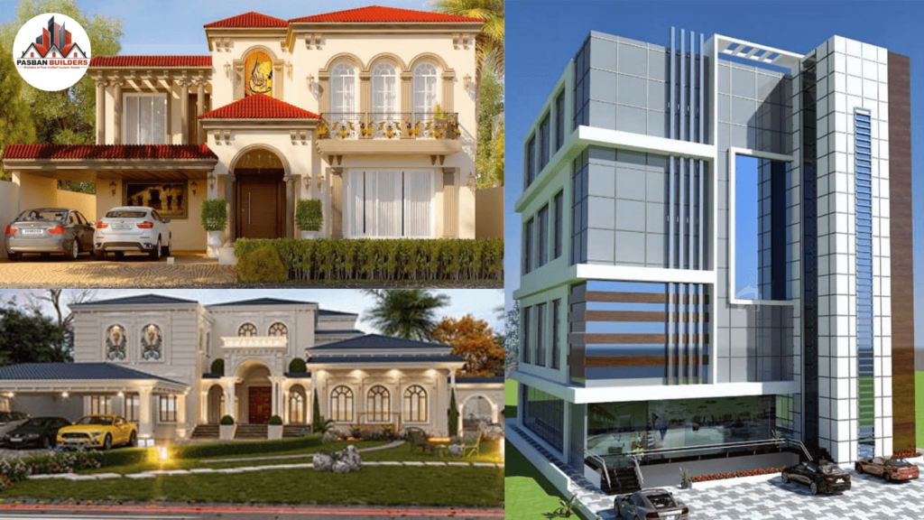 Three buildings with company logo pasban builders