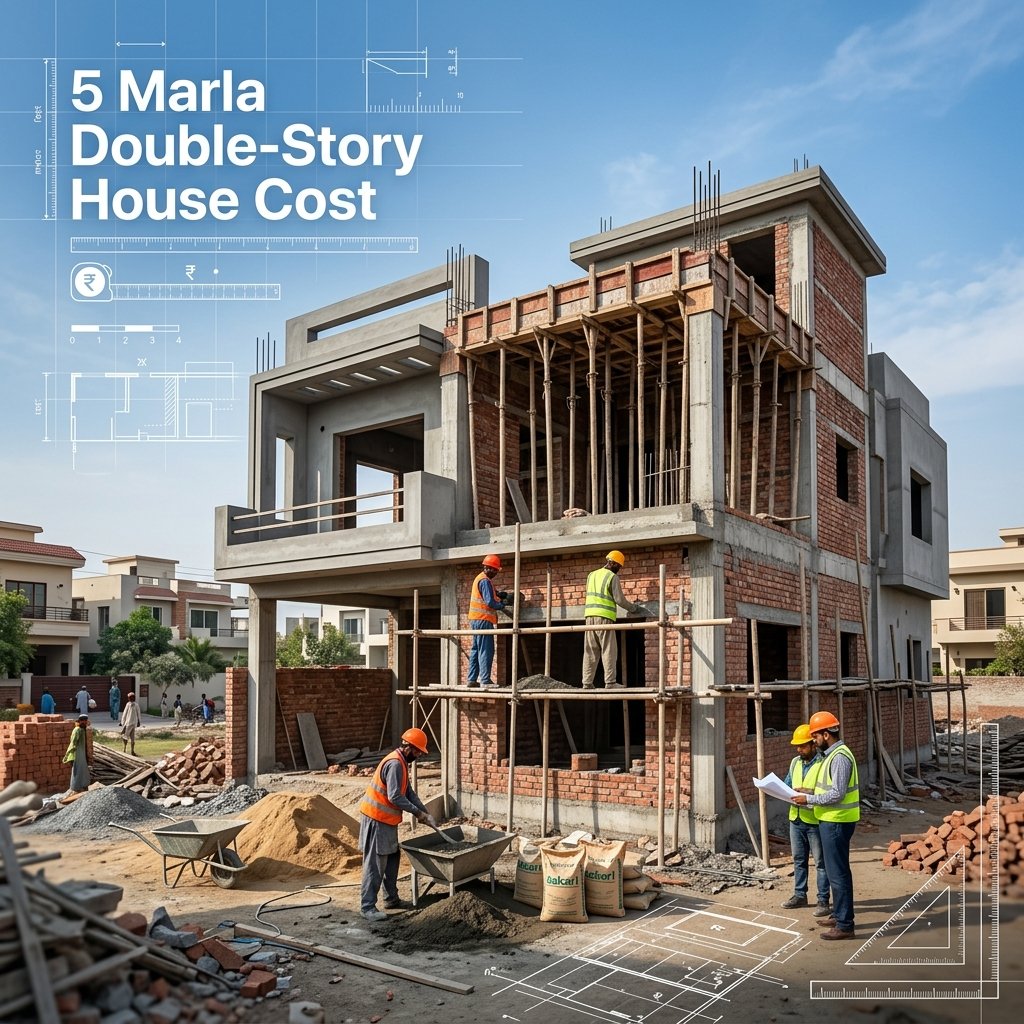5 Marla House Construction Cost in Pakistan (2026 Complete Guide) 5 Marla house construction cost in Pakistan showing a modern house under construction with grey structure, bricks, steel reinforcement, and professional builders in Lahore.