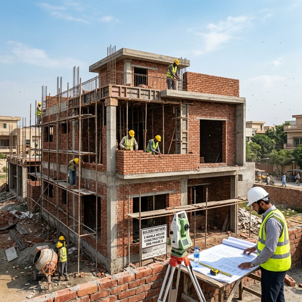 Grey structure cost in Pakistan showing a modern 5 Marla house under construction with RCC columns, brick masonry, concrete slabs, steel reinforcement, scaffolding, and professional builders in Lahore.