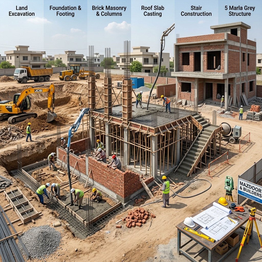 Construction process of a modern 5 Marla house in Pakistan showing foundation, RCC columns, brick masonry, roof slab casting, and completed grey structure.