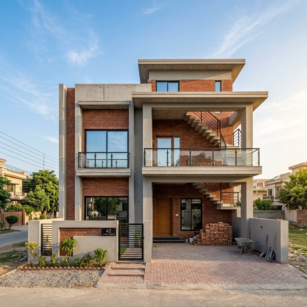 Completed grey structure house in Pakistan featuring RCC columns, brick walls, concrete roof slab, staircase, and modern residential construction.