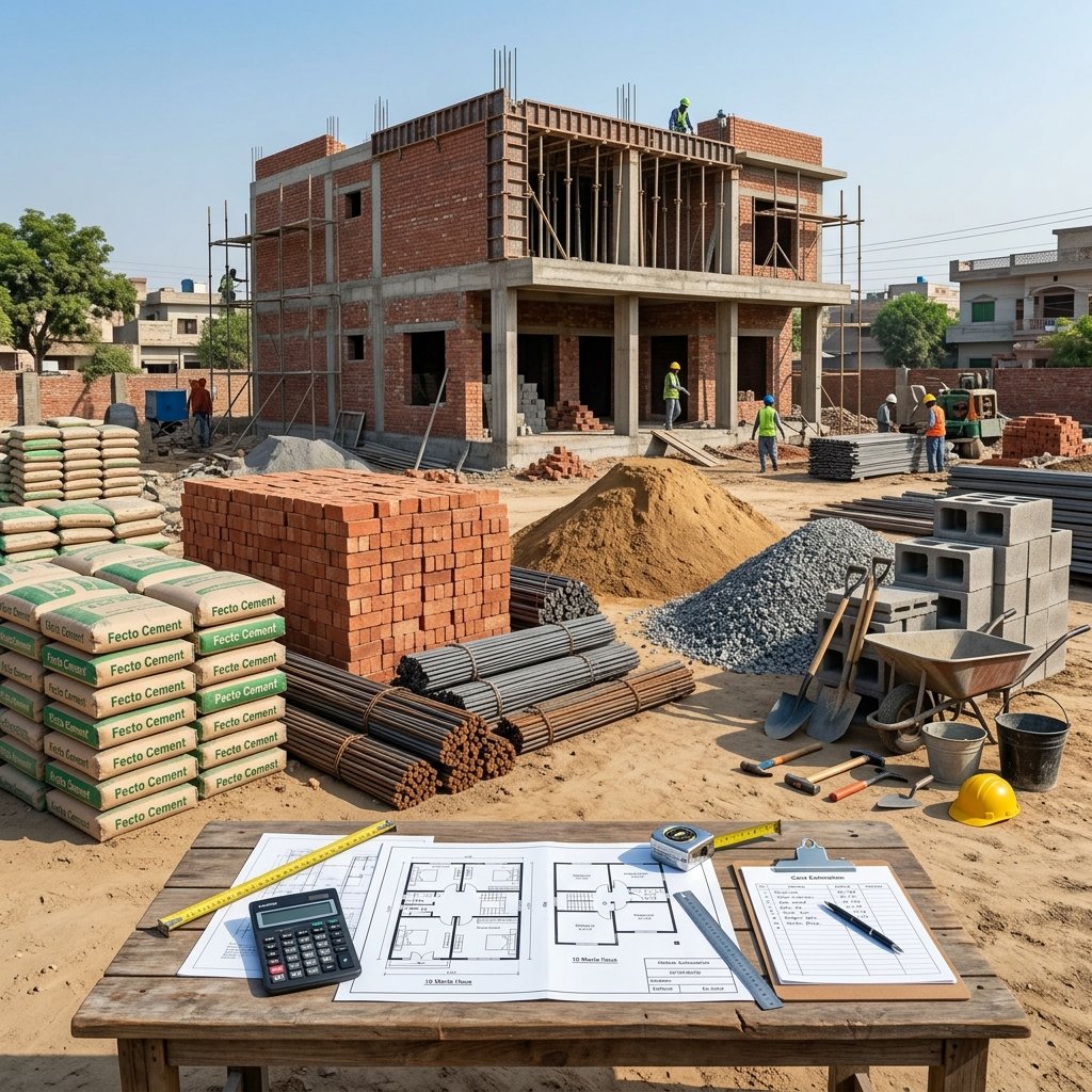 Construction cost breakdown for a 10 marla house in Pakistan showing building materials, labour tools and cost estimation.