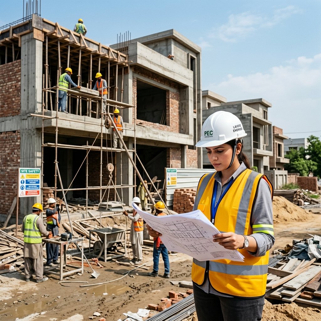 Best Construction Company in Lahore: 10 Things to Check Before Hiring Civil engineer supervising a residential construction site in Lahore
