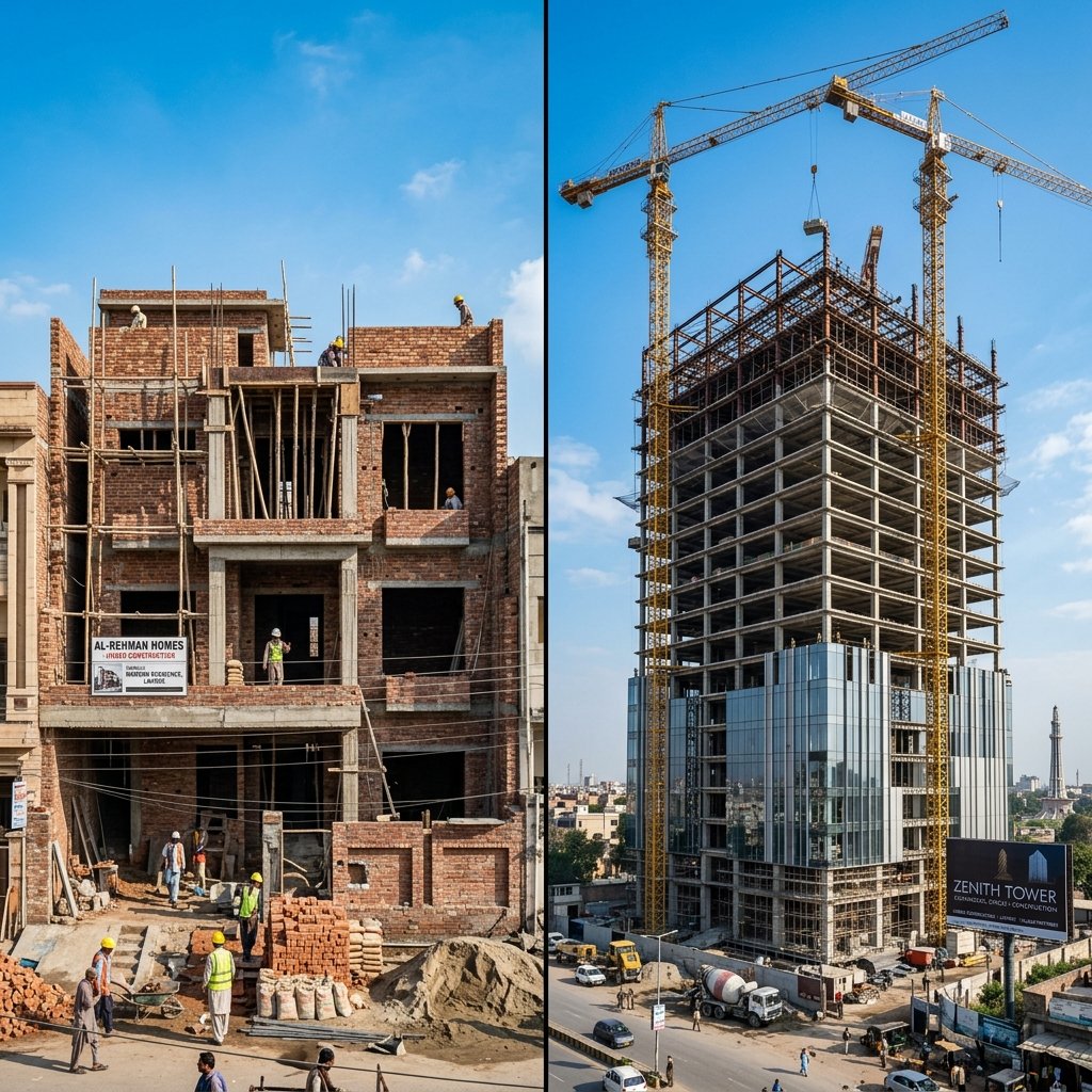 Residential vs commercial construction comparison showing a house under construction and a commercial office building in Lahore