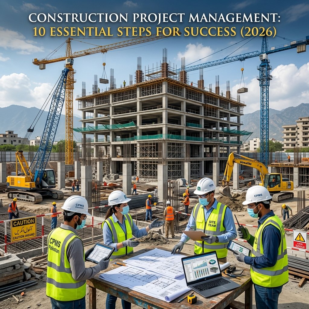 Construction project management team supervising a modern building construction site in Pakistan